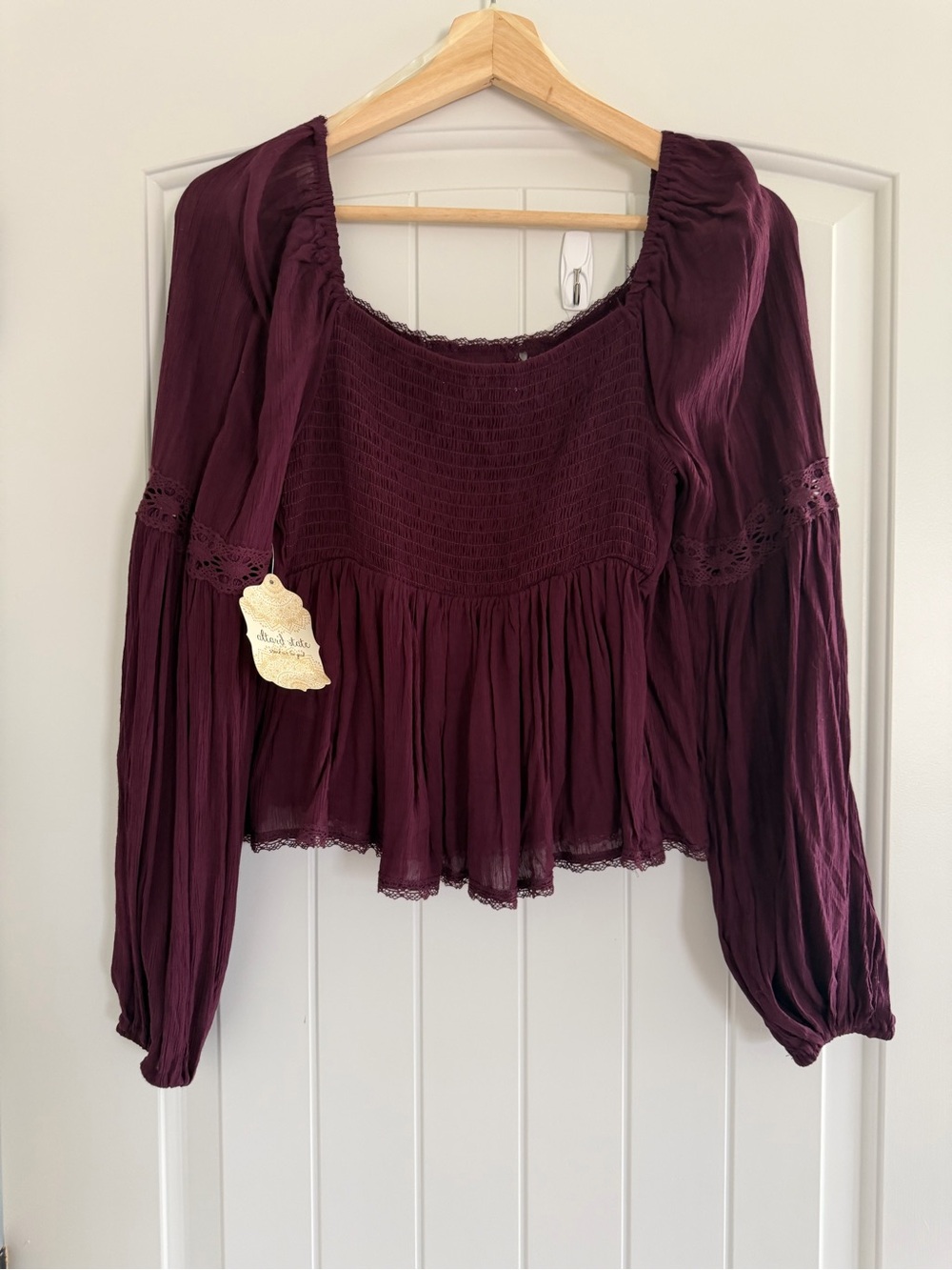 Altar'd State Plum Lace-Trim Peasant Blouse Size M Boho Chic Festival Romantic - Picture 6 of 11